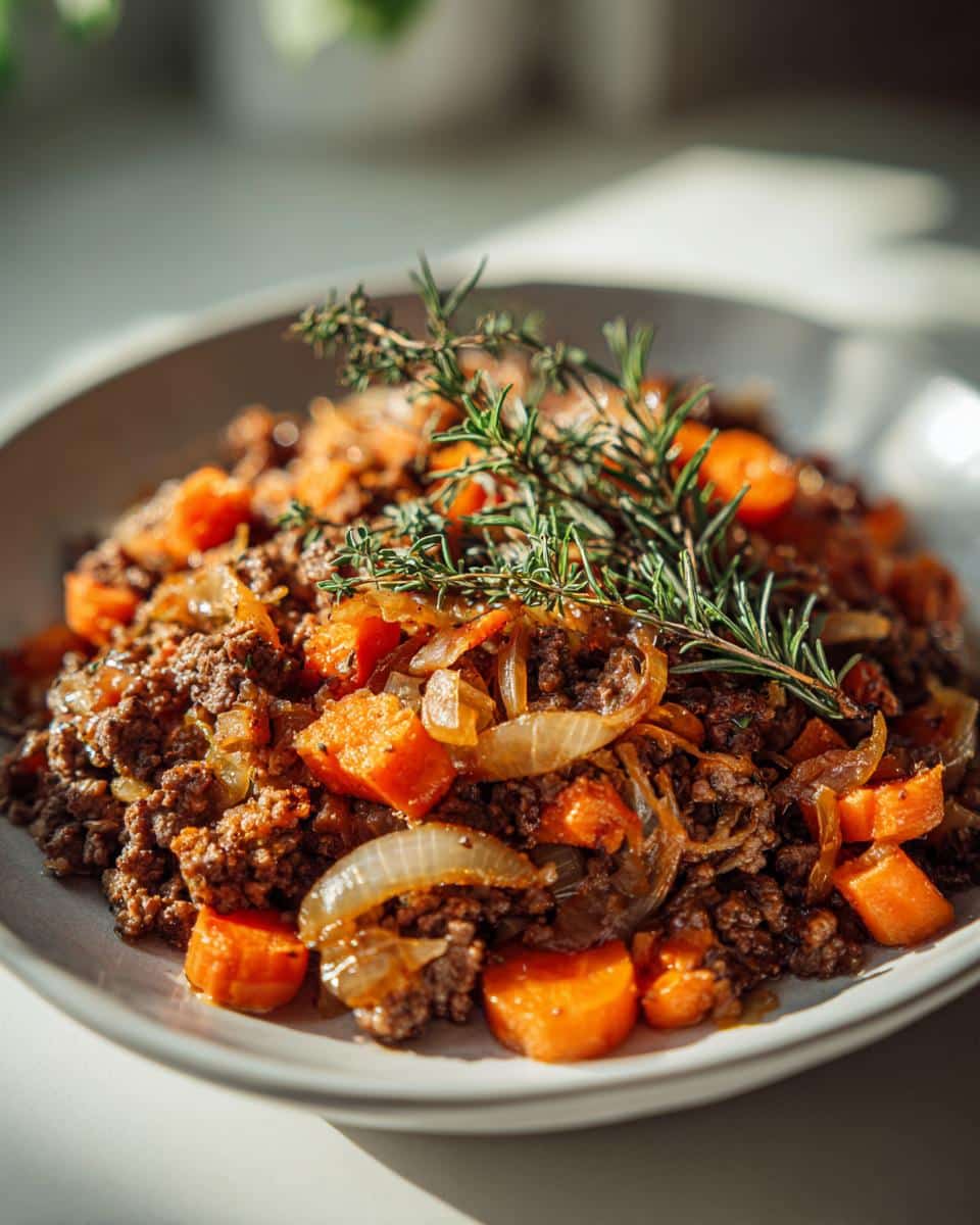 Close-up of a hearty Lamb Carrot Grain-Free Supper featuring ground lamb, bright orange carrots, and caramelized onions, topped with fresh rosemary.