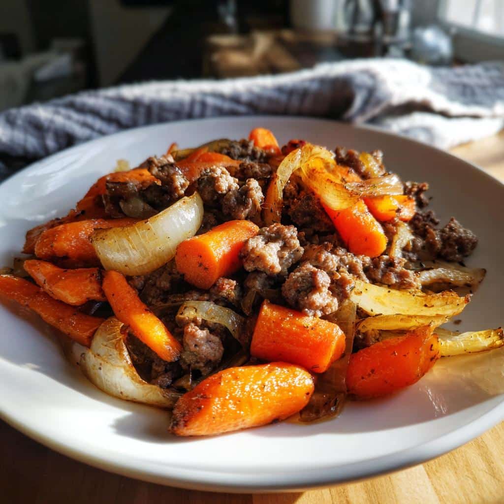 A serving of Lamb Carrot Grain-Free Supper featuring browned ground lamb, roasted carrots, and onions on a white plate.