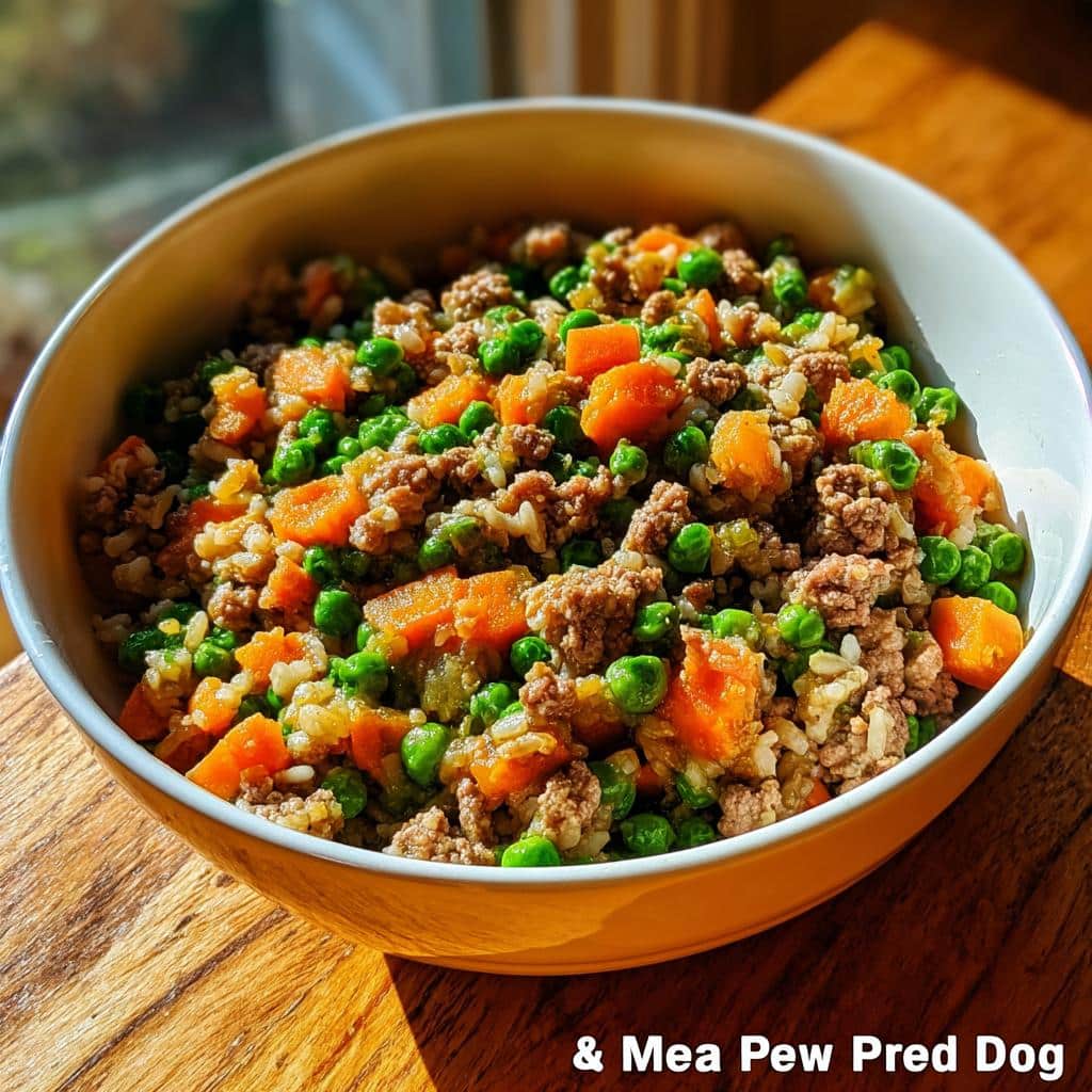 A bowl filled with the Lamb Pea Energy Dog Plate mixture, showing ground lamb, bright green peas, diced carrots, and rice.