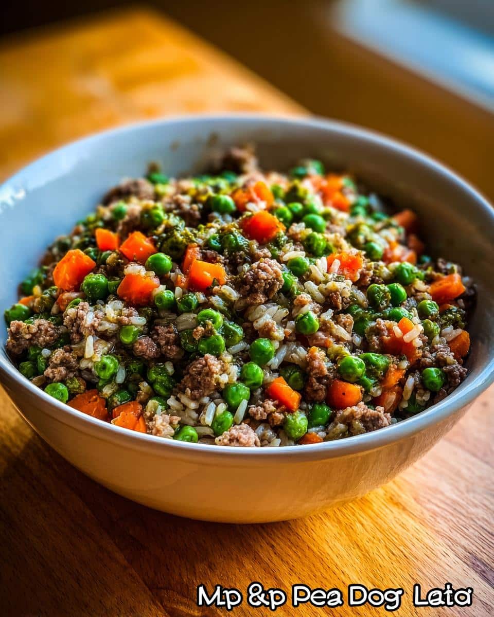 Close-up of a white bowl filled with Lamb Pea Energy Dog Plate mixture of ground lamb, peas, carrots, and rice.