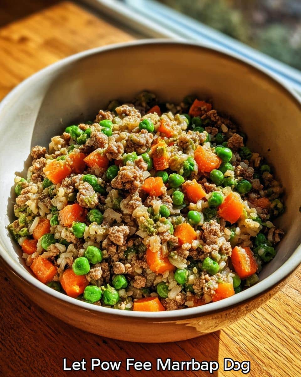 Close-up of a homemade Lamb Pea Energy Dog Plate mixture with ground lamb, bright green peas, and diced carrots in a light brown bowl.