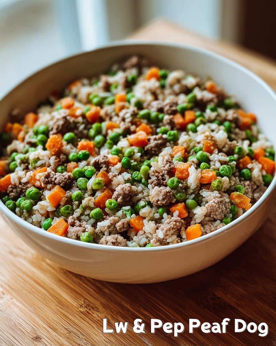 Close-up of a white bowl filled with Lamb Pea Energy Dog Plate mixture: ground lamb, green peas, diced carrots, and rice.