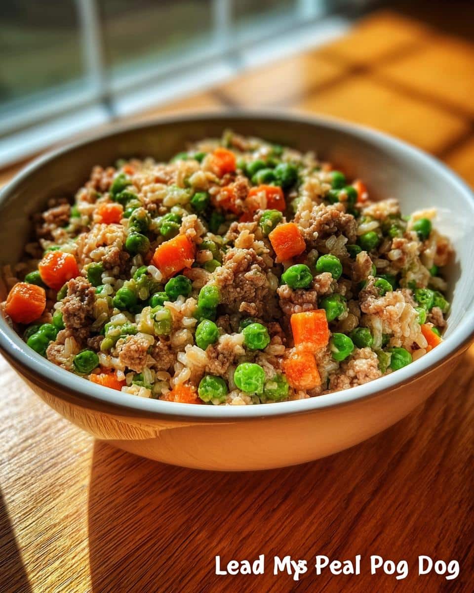 A bowl filled with the Lamb Pea Energy Dog Plate mixture of ground lamb, green peas, carrots, and rice.