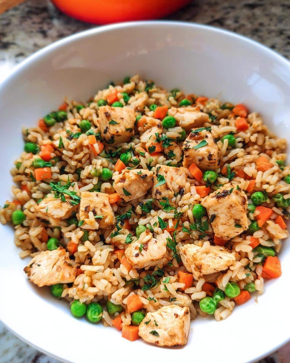Close-up of a Lean Chicken Rice Reset Bowl featuring seasoned chicken cubes, brown rice, peas, and diced carrots, garnished with parsley.
