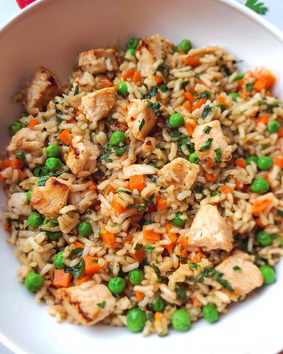 Close-up of a Lean Chicken Rice Reset Bowl with diced chicken, peas, carrots, and herbs mixed into rice.