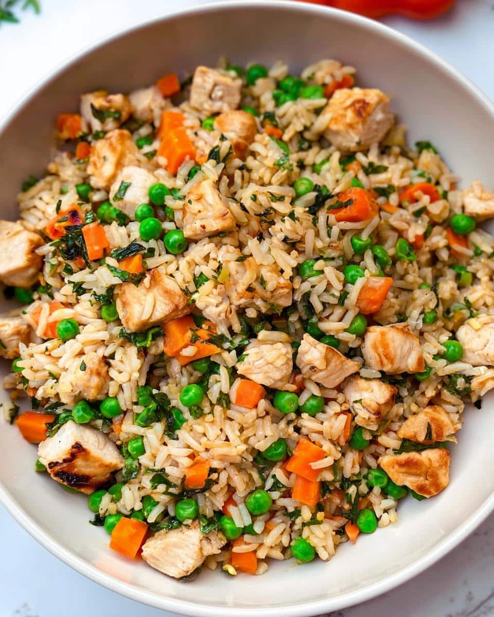Close-up of a vibrant Lean Chicken Rice Reset Bowl featuring diced chicken, brown rice, peas, carrots, and herbs.