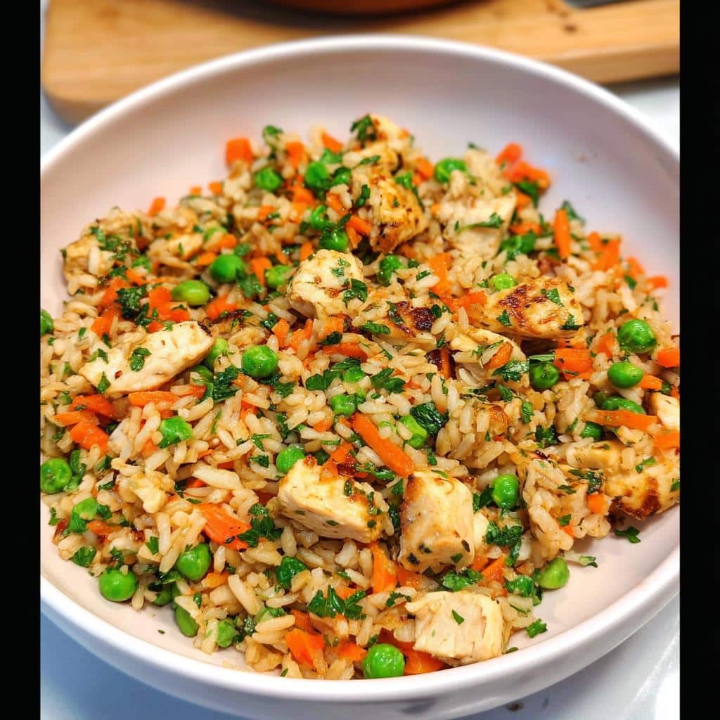 A close-up of the Lean Chicken Rice Reset Bowl featuring seasoned chicken pieces, brown rice, bright green peas, and diced carrots.