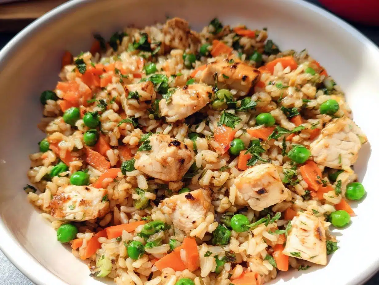 Close-up of a white bowl filled with Lean Chicken Rice Reset Bowl, featuring grilled chicken chunks, brown rice, peas, and carrots.