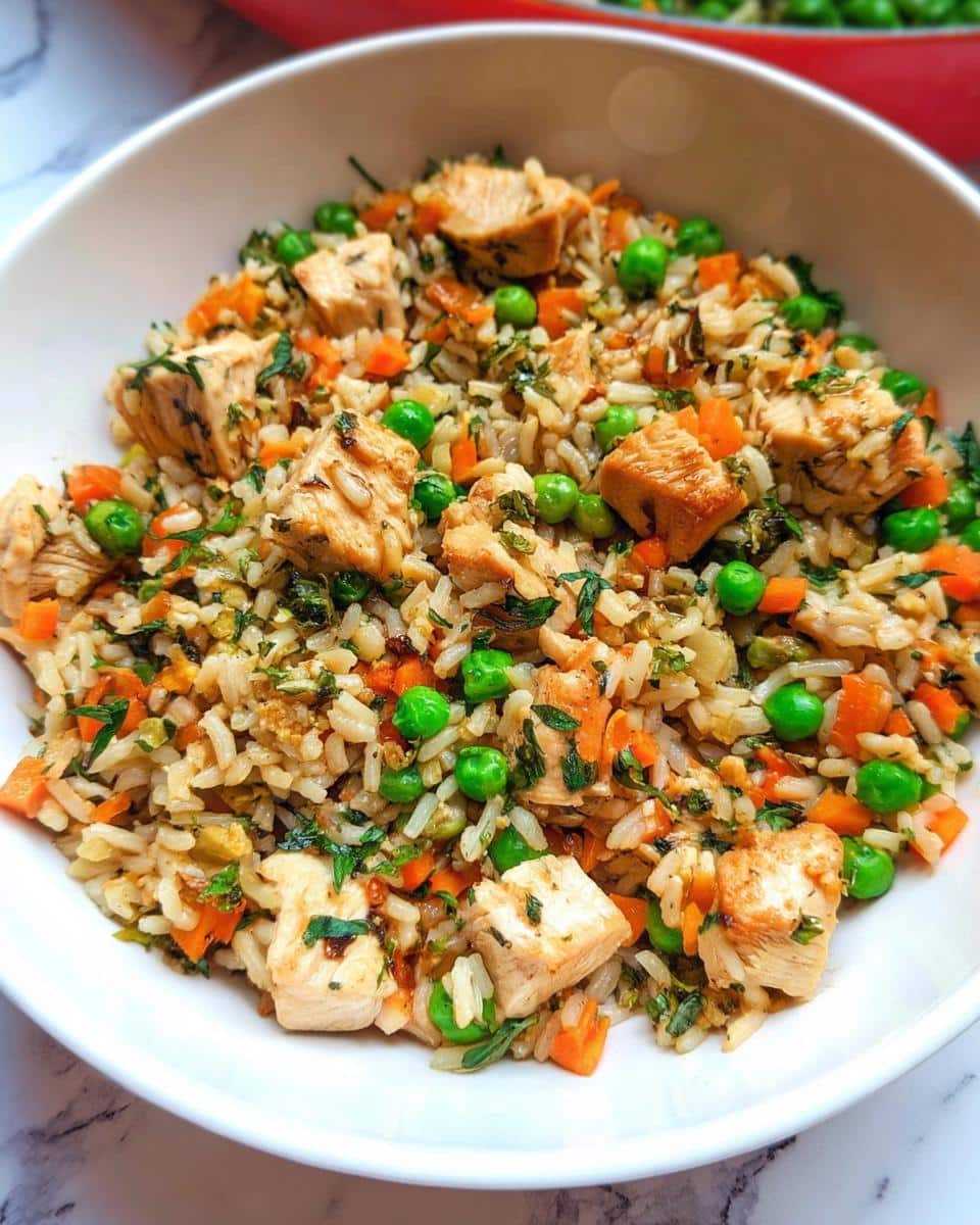 Close-up of a white bowl filled with Lean Chicken Rice Reset Bowl, featuring diced chicken, rice, bright green peas, and orange carrots.