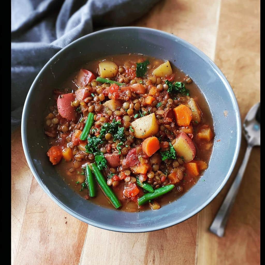 A close-up overhead shot of a hearty bowl of Lentil Veggie Dog Crock Stew with potatoes, carrots, and green beans.
