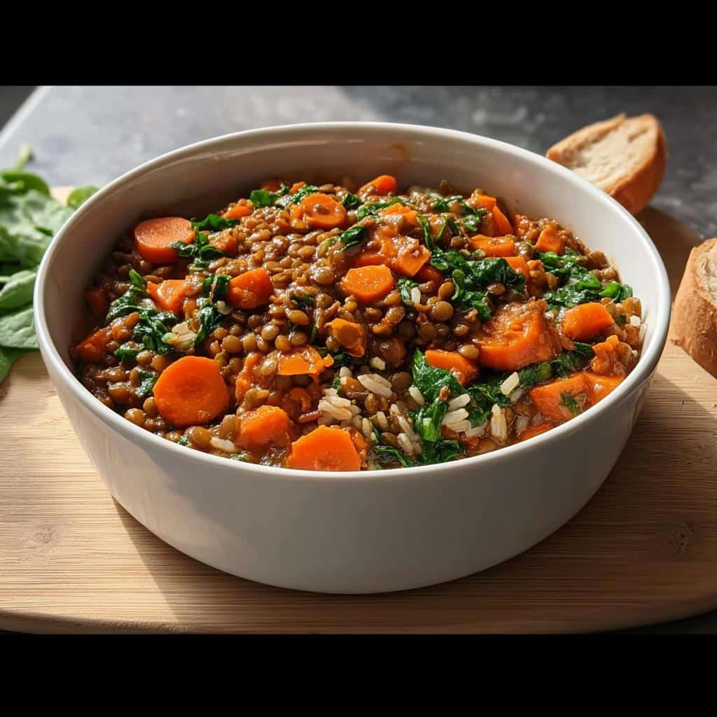 A white bowl filled with the Light Lentil Veggie Dog Supper, featuring lentils, sliced carrots, and spinach over rice.
