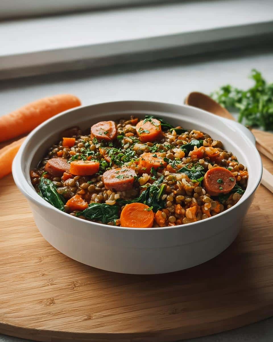 A bowl of Light Lentil Veggie Dog Supper featuring lentils, sliced carrots, spinach, and veggie sausage.