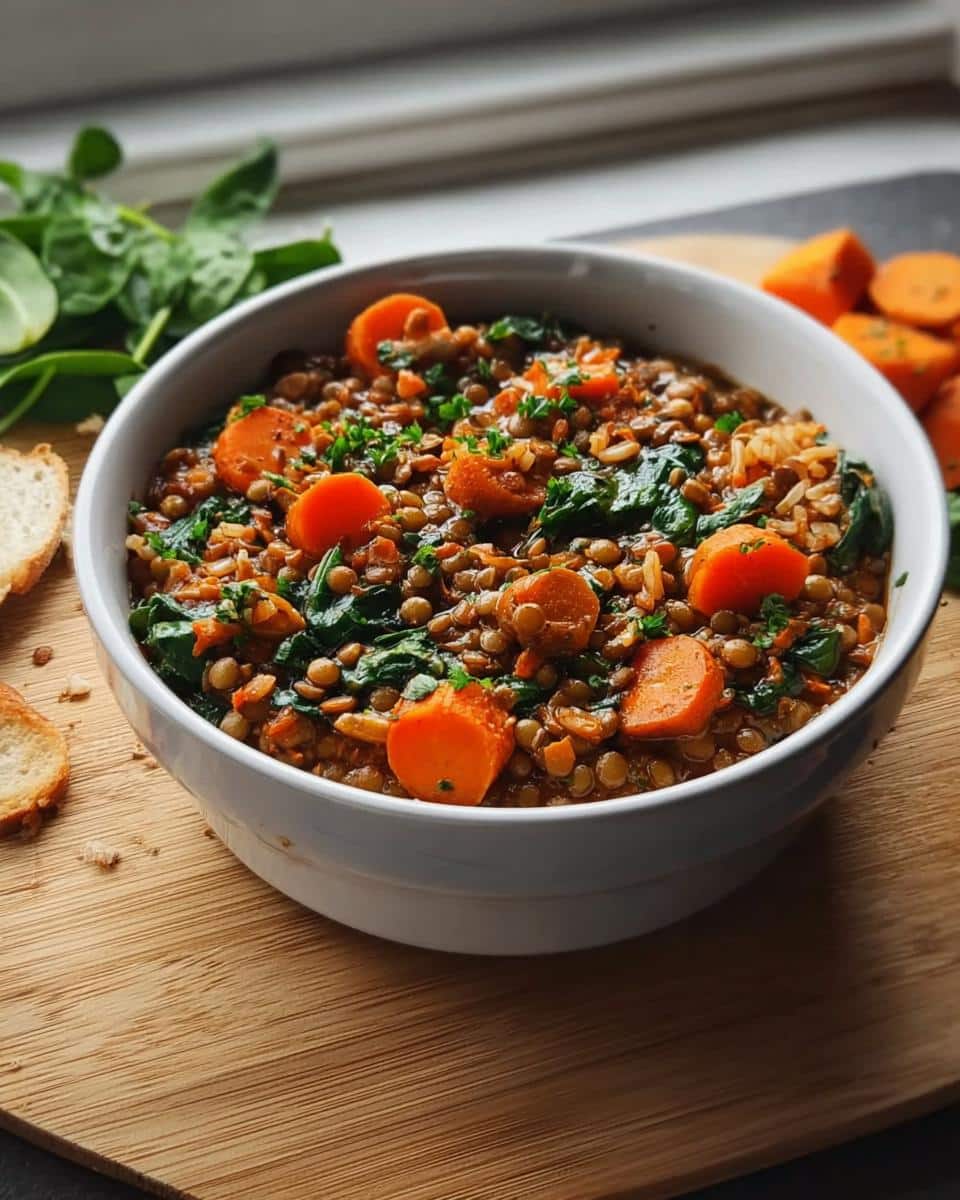 Close-up of a bowl containing the Light Lentil Veggie Dog Supper, rich with lentils, sliced carrots, and spinach.