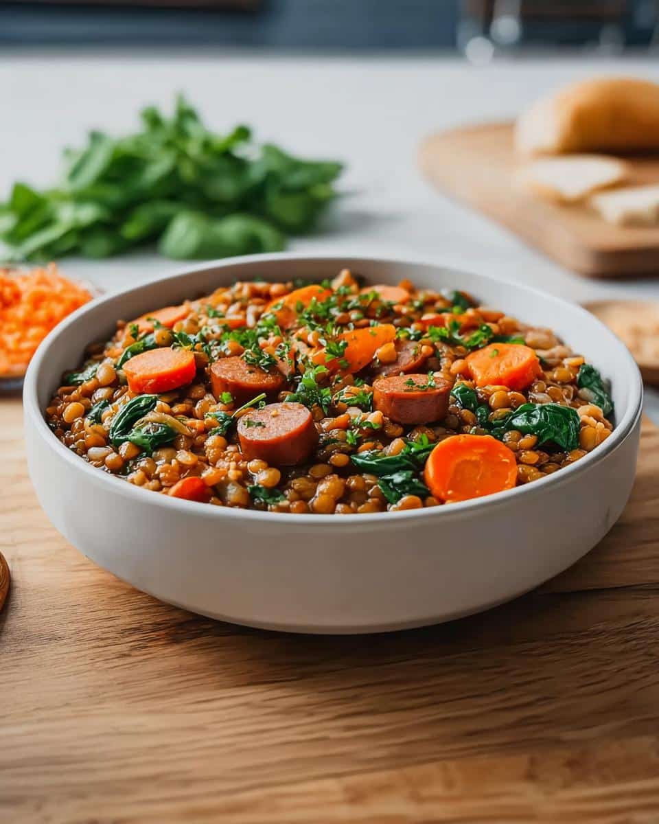 A hearty bowl of Light Lentil Veggie Dog Supper topped with sliced carrots and herbs.