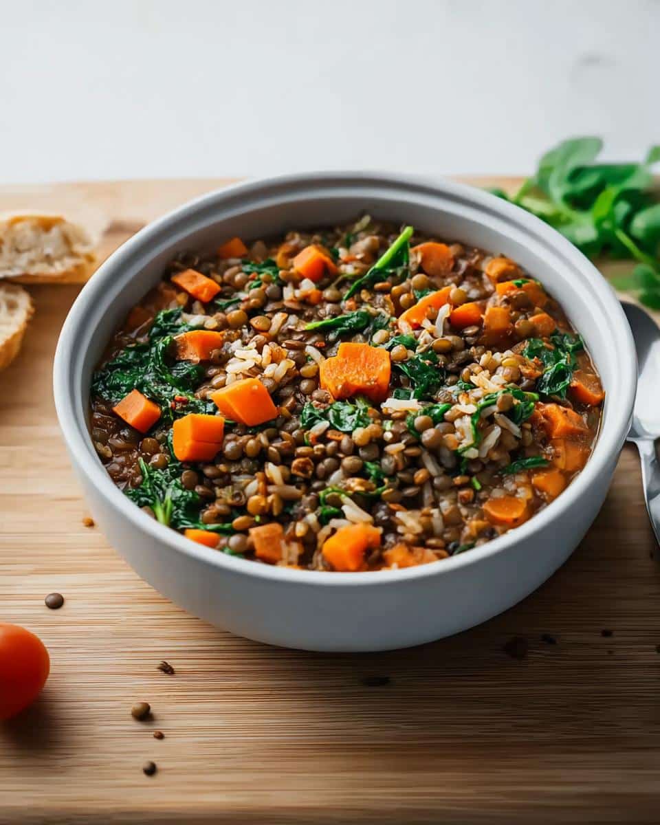 A white bowl filled with Light Lentil Veggie Dog Supper, featuring lentils, rice, spinach, and diced sweet potatoes.