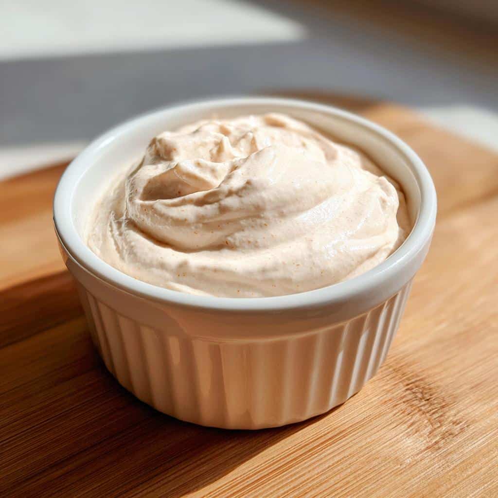 Close-up of a creamy, light tan mixture, likely the Low-Fat Yogurt Protein Pup Bowl topping, in a white fluted ramekin.