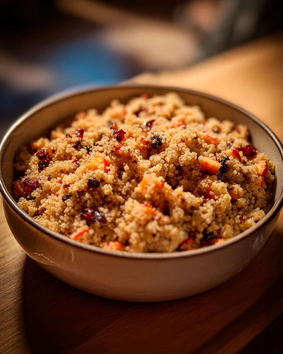 Close-up of the Millet Apple Winter Dog Bowl mixture featuring grains, dried fruit, and diced apple pieces.