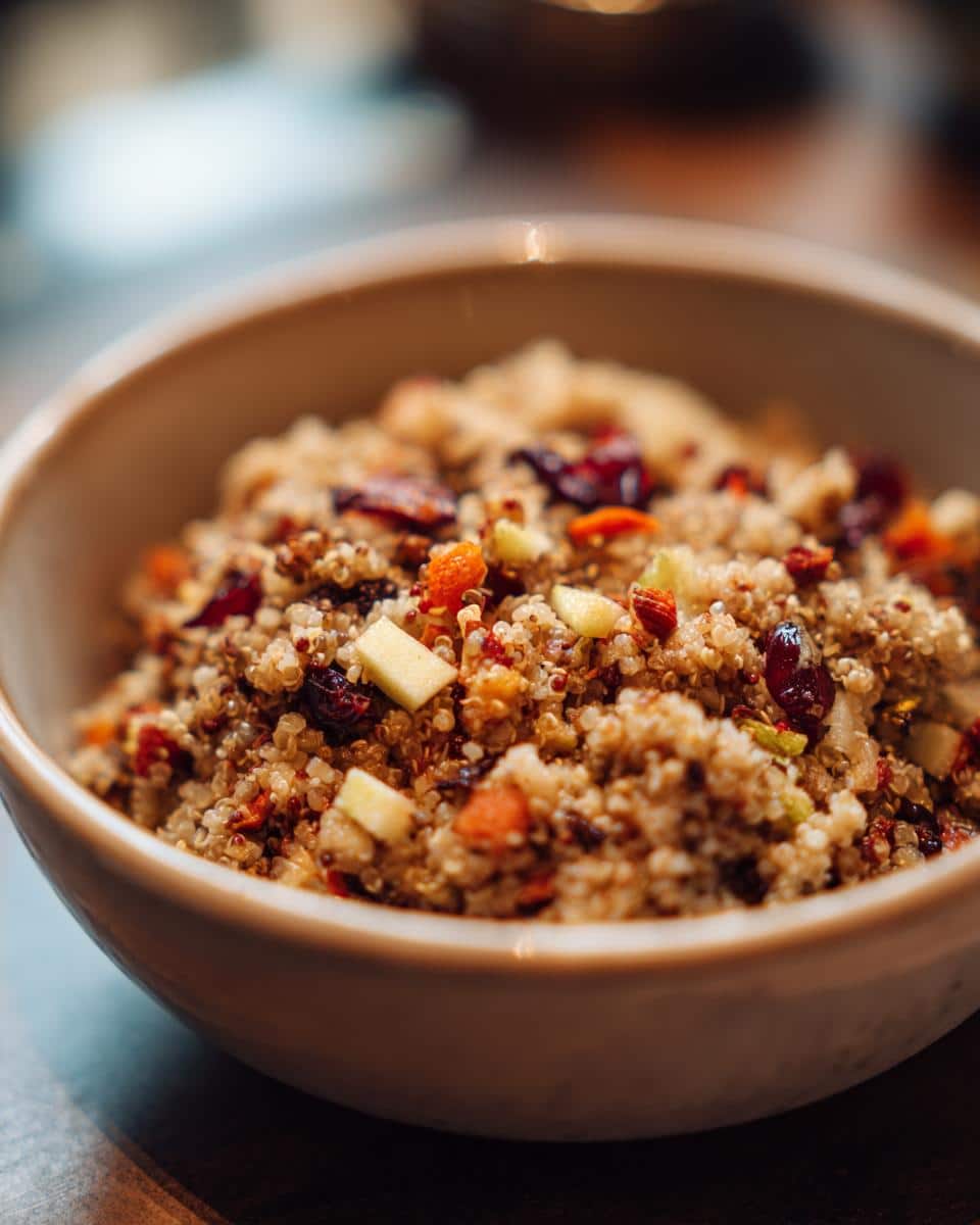 Close-up of a bowl containing the Millet Apple Winter Dog Bowl mix with grains, dried fruit, and apple chunks.