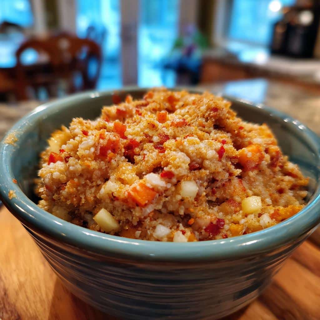 A close-up of the finished Millet Apple Winter Dog Bowl, showing textured millet mixed with diced orange carrots and white apple pieces.