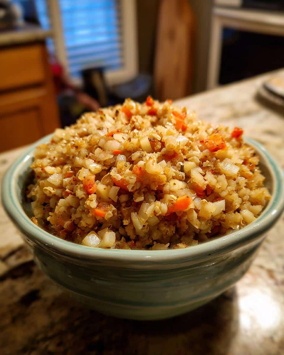 Close-up of the prepared Millet Apple Winter Dog Bowl mixture, featuring grains and diced vegetables, served in a teal ceramic bowl.