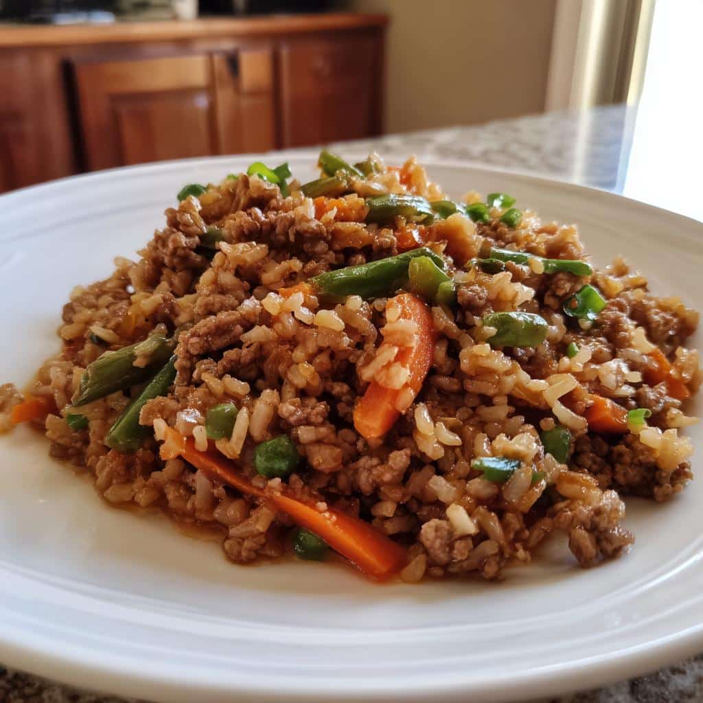 A serving of Mixed Meat Trio Dog Power Dish mixed with rice, carrots, and green beans on a white plate.