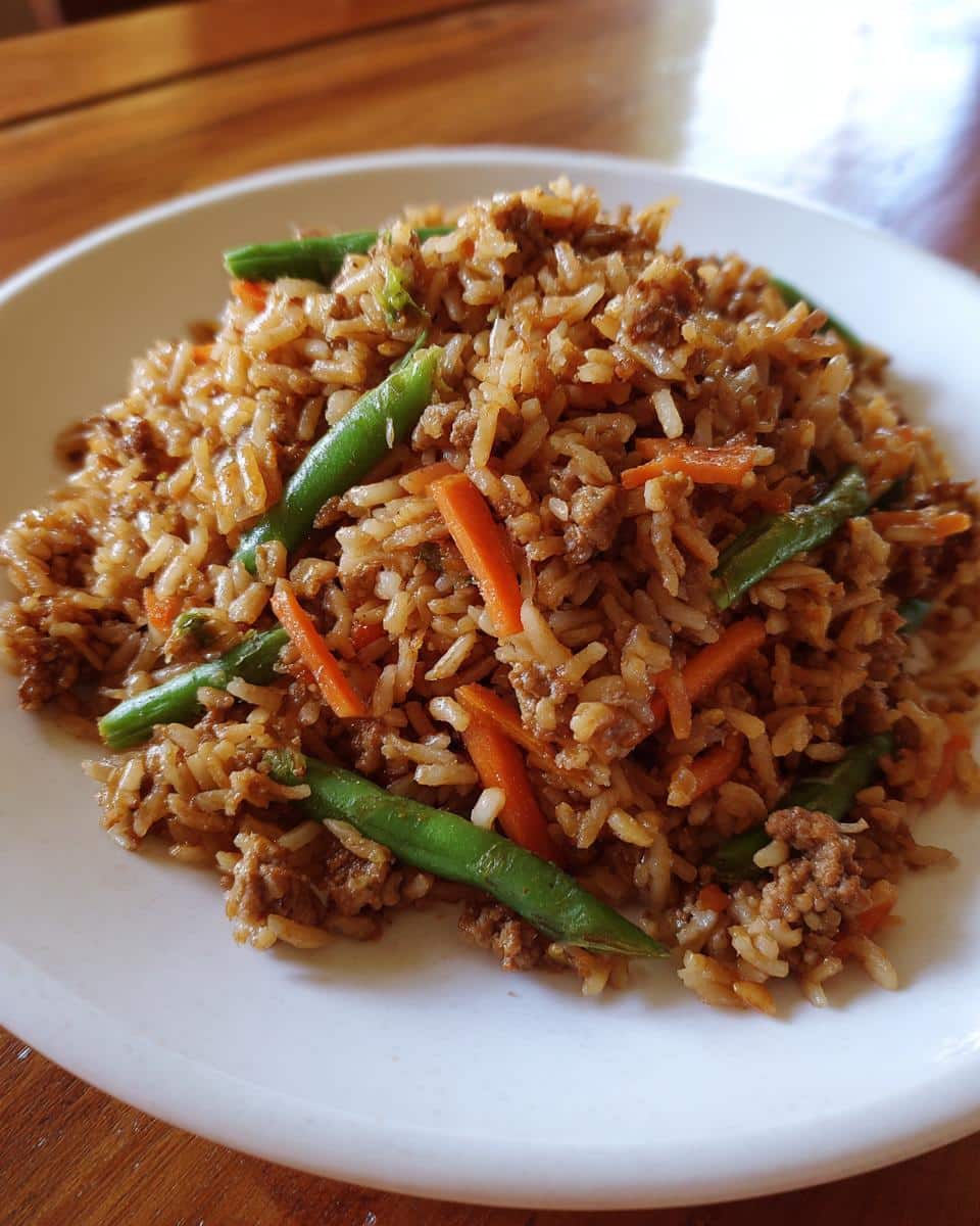 A serving of Mixed Meat Trio Dog Power Dish featuring rice, ground meat, carrots, and green beans on a white plate.