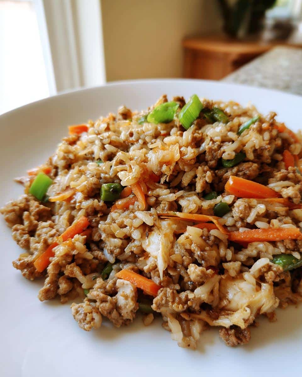 A close-up of the Mixed Meat Trio Dog Power Dish, featuring ground meat mixed with rice, carrots, and green onions on a white plate.
