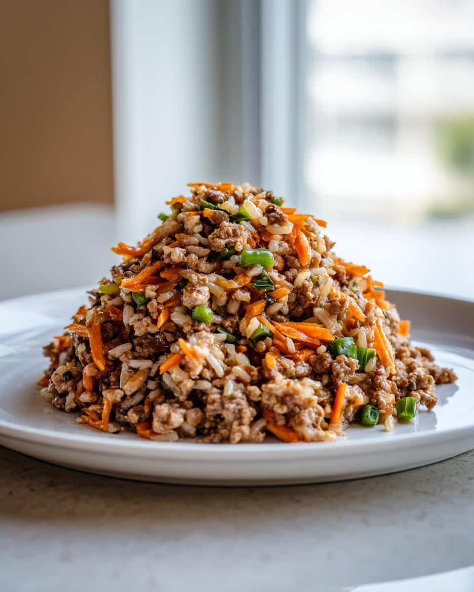 A mound of Mixed Meat Trio Dog Power Dish featuring ground meat, rice, shredded carrots, and green onions on a white plate.