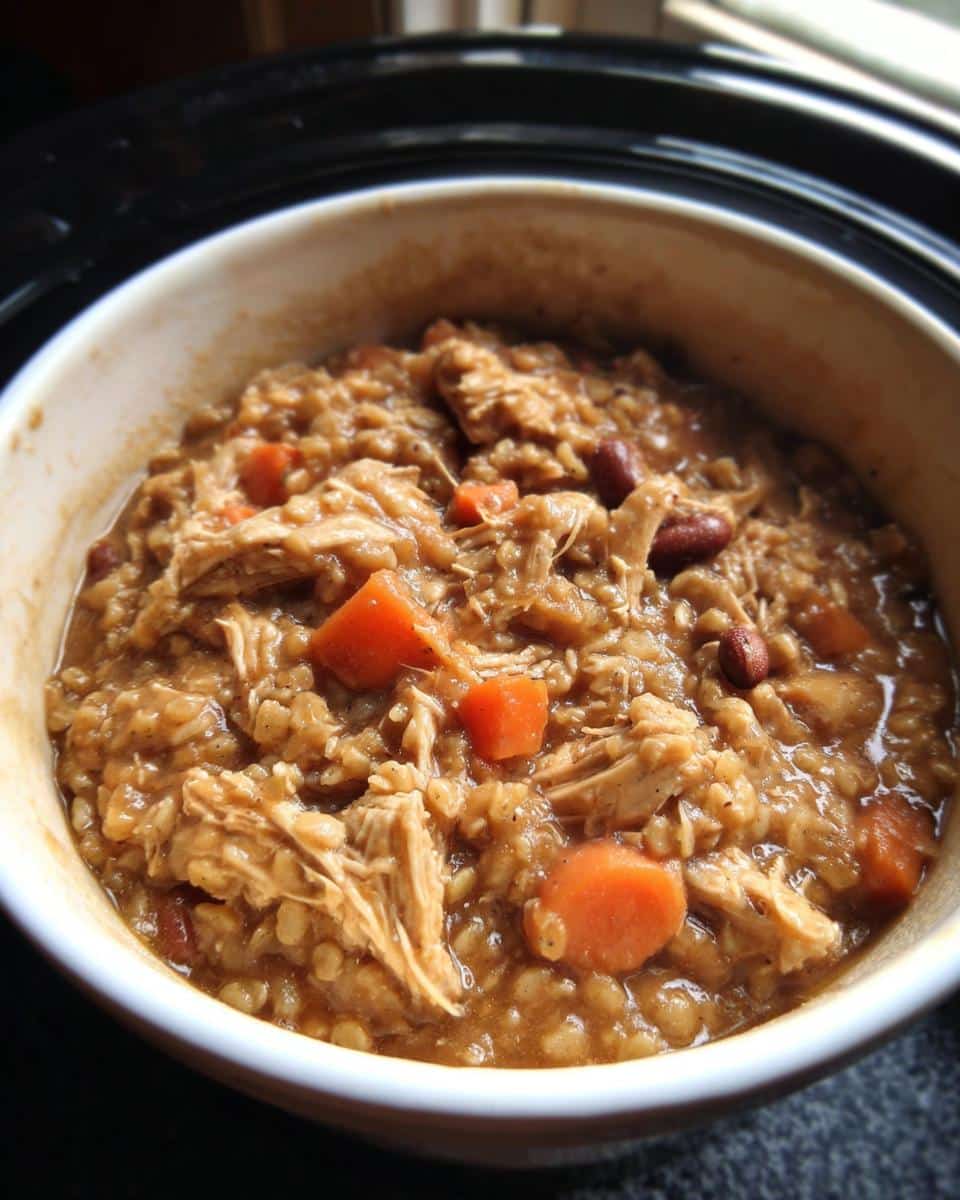 Close-up of thick Oat and Chicken Hearth Stew with shredded chicken and carrots in a white crockpot insert.