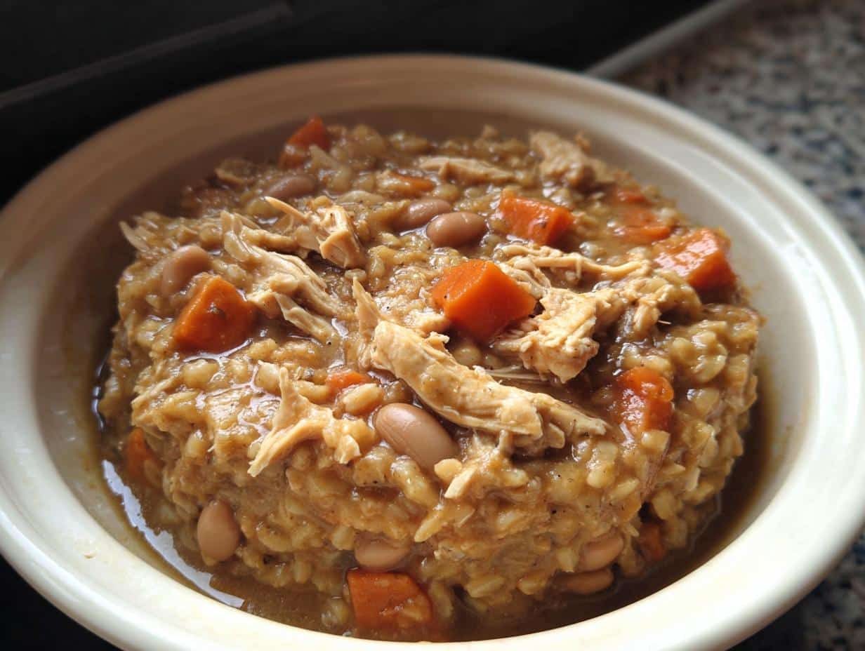 Close-up of a thick Oat and Chicken Hearth Stew featuring shredded chicken, carrots, and beans in a creamy broth.