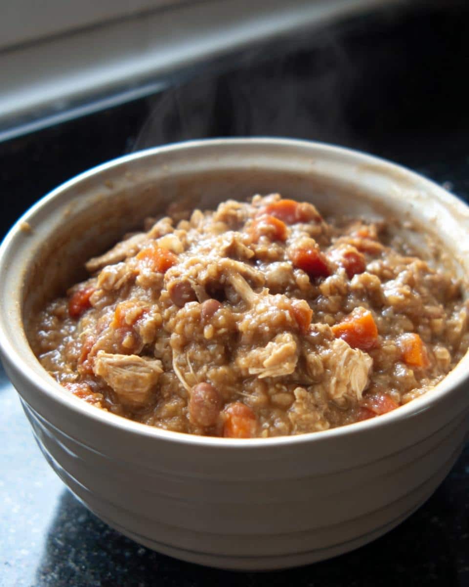 A close-up of a steaming bowl filled with hearty Oat and Chicken Hearth Stew, featuring shredded chicken and carrots.