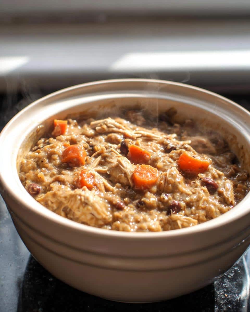 Close-up of hot, steaming Oat and Chicken Hearth Stew with visible shredded chicken and bright orange carrots in a beige ceramic bowl.