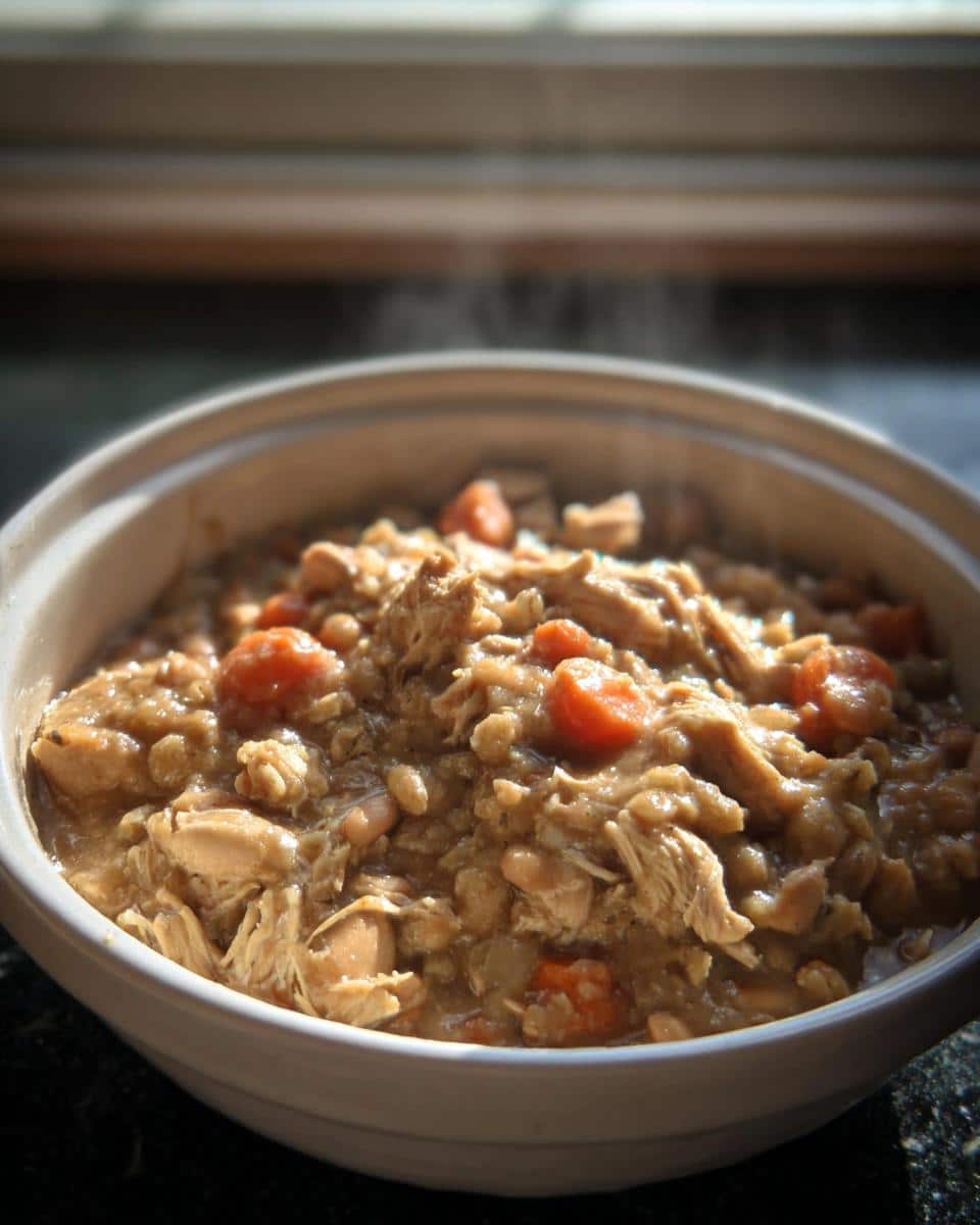 Close-up of a steaming bowl filled with hearty Oat and Chicken Hearth Stew, showing shredded chicken and carrots.