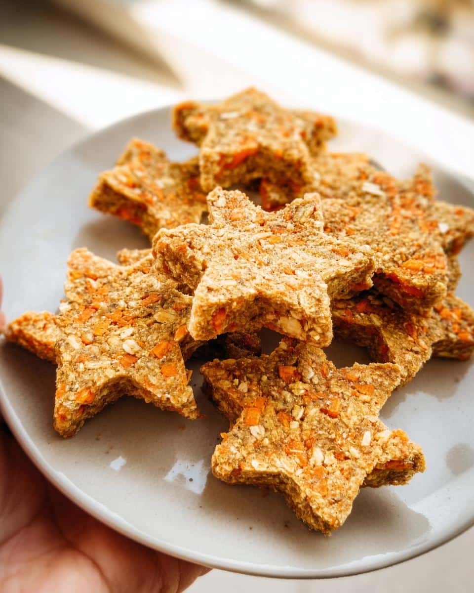 A pile of star-shaped Oat Carrot Christmas Pup Biscuits, showing visible oats and shredded carrots, resting on a light gray plate.