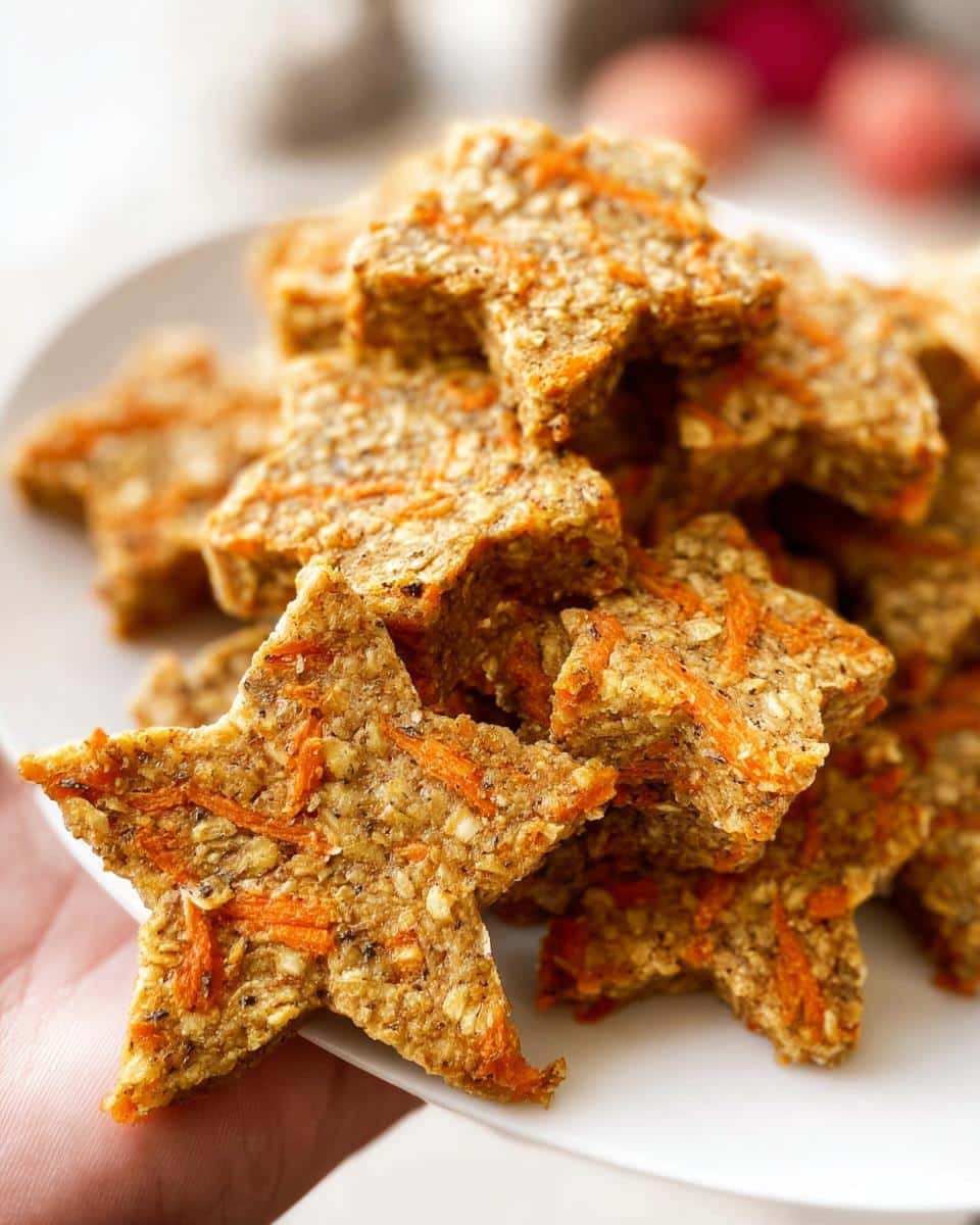 A close-up of star-shaped Oat Carrot Christmas Pup Biscuits piled high on a white plate.