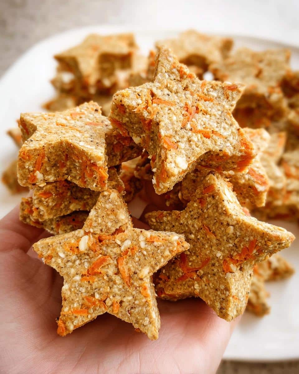 A hand holding a stack of star-shaped Oat Carrot Christmas Pup Biscuits, showing visible shredded carrots and oats.