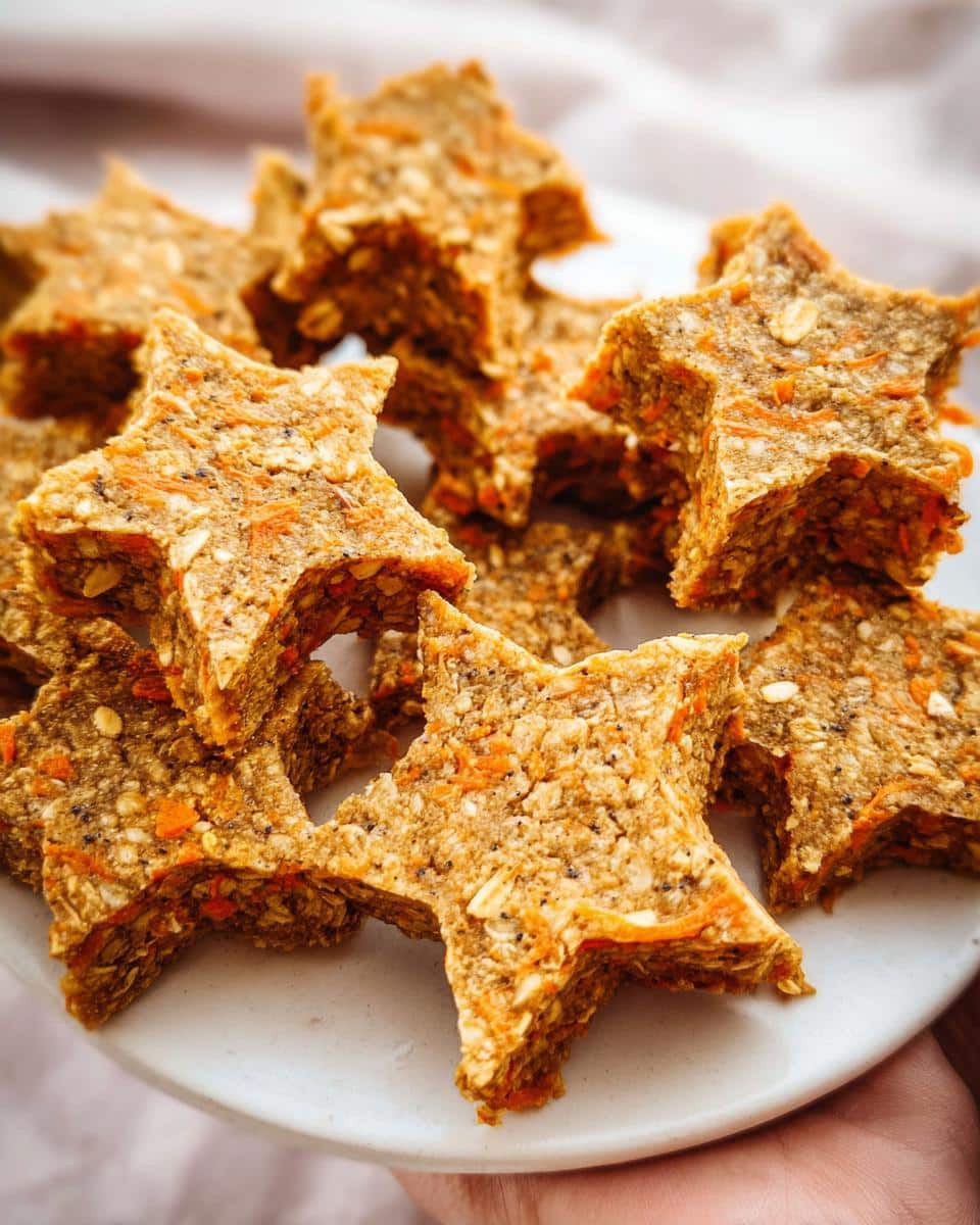 A close-up of several star-shaped Oat Carrot Christmas Pup Biscuits stacked on a white plate.