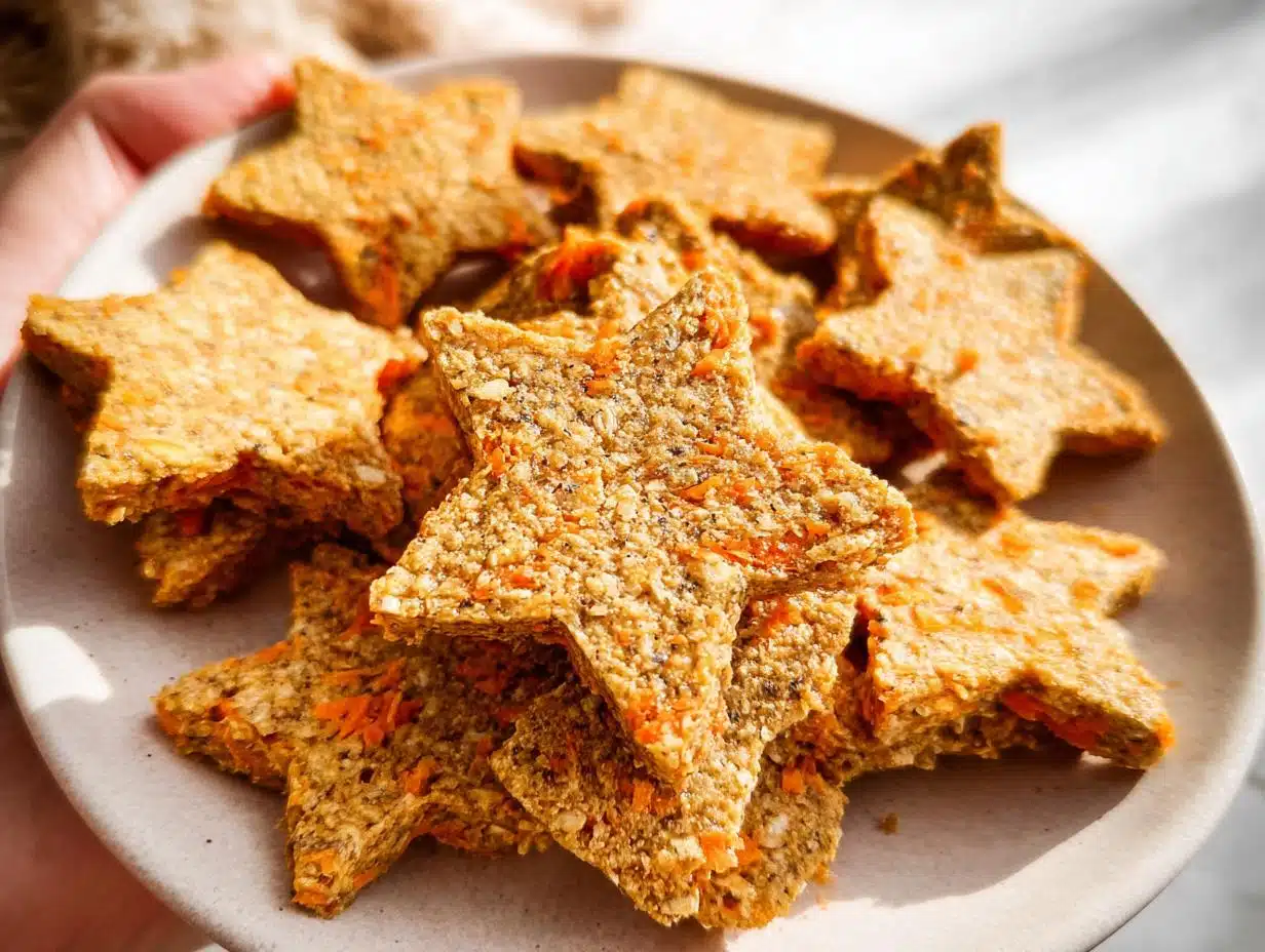 A close-up of several star-shaped Oat Carrot Christmas Pup Biscuits piled on a light-colored plate.