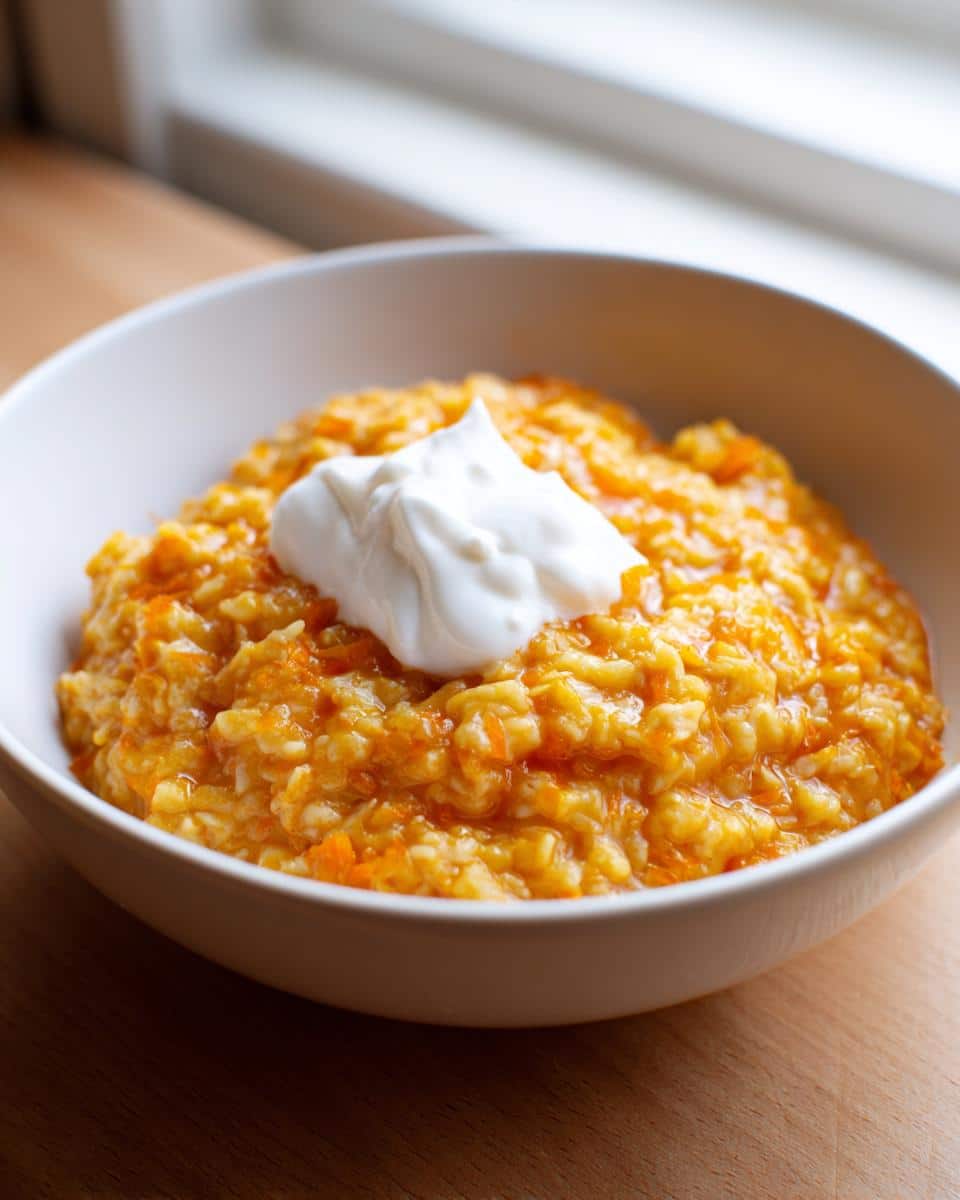 Close-up of Oat Carrot Warm Pup Porridge in a white bowl, topped with a dollop of white yogurt or cream.