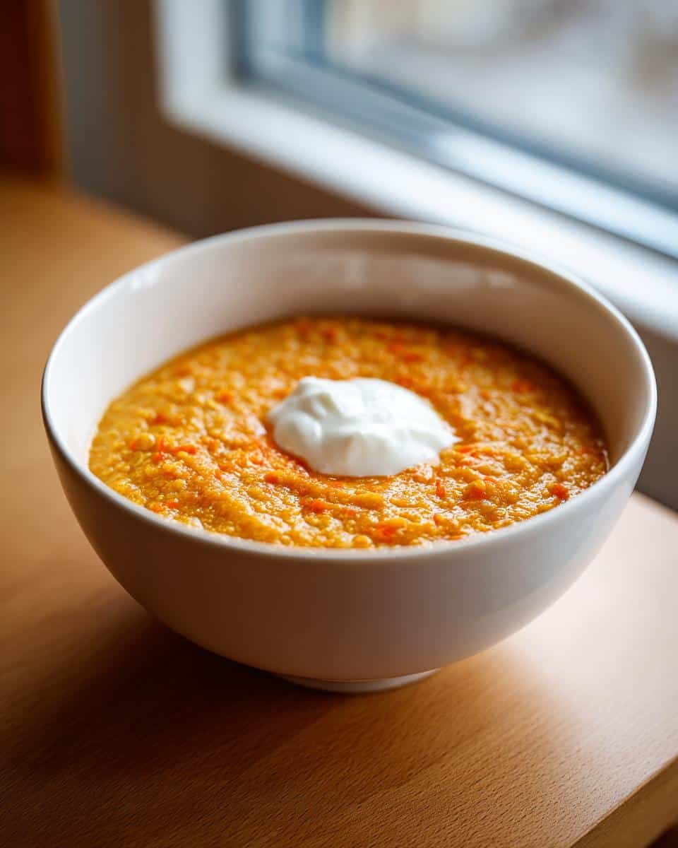 A close-up of Oat Carrot Warm Pup Porridge, an orange textured meal topped with a dollop of white yogurt or cream.