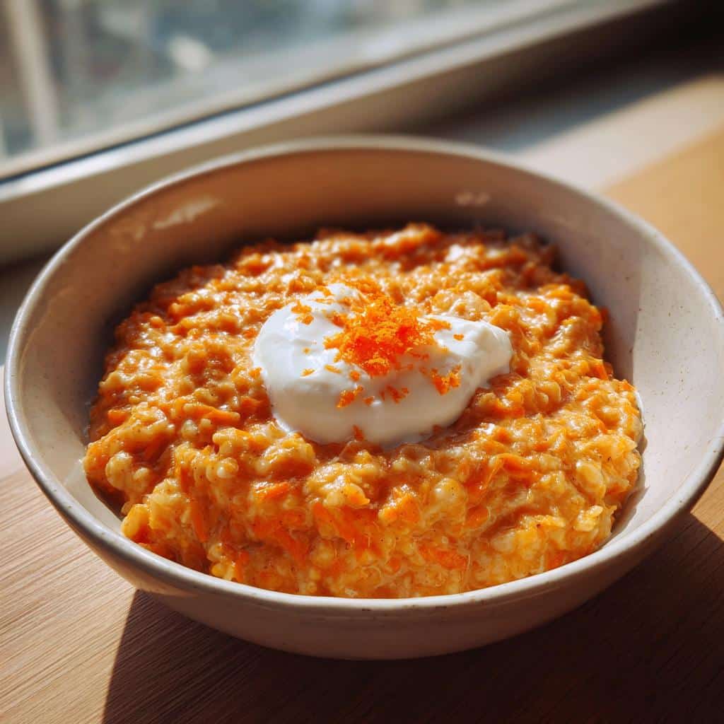 A close-up of Oat Carrot Warm Pup Porridge in a bowl, topped with a dollop of white yogurt and orange zest.
