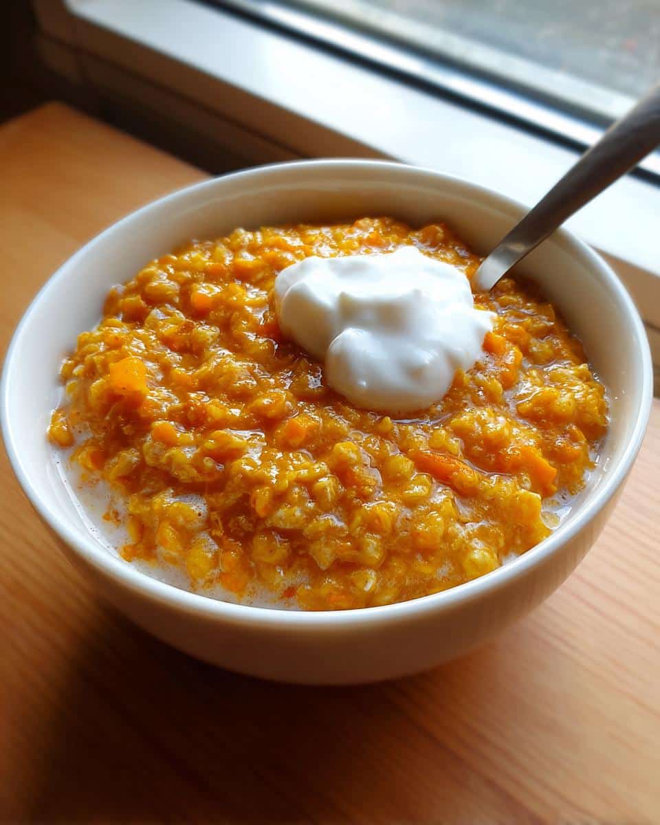 Close-up of a white bowl filled with bright orange Oat Carrot Warm Pup Porridge, topped with a dollop of white yogurt.