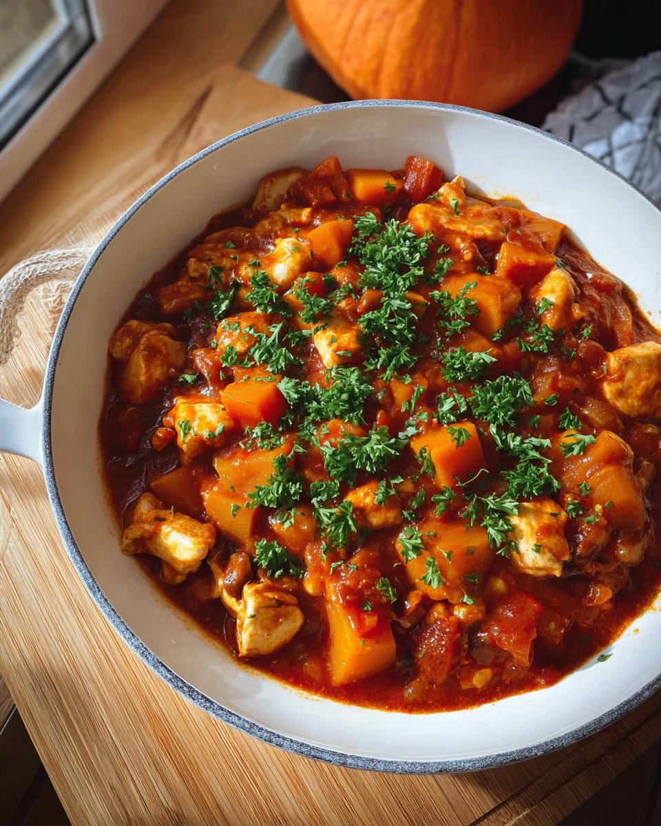 A hearty, rich Winter Chicken Pumpkin Stew garnished with fresh parsley in a white casserole dish.