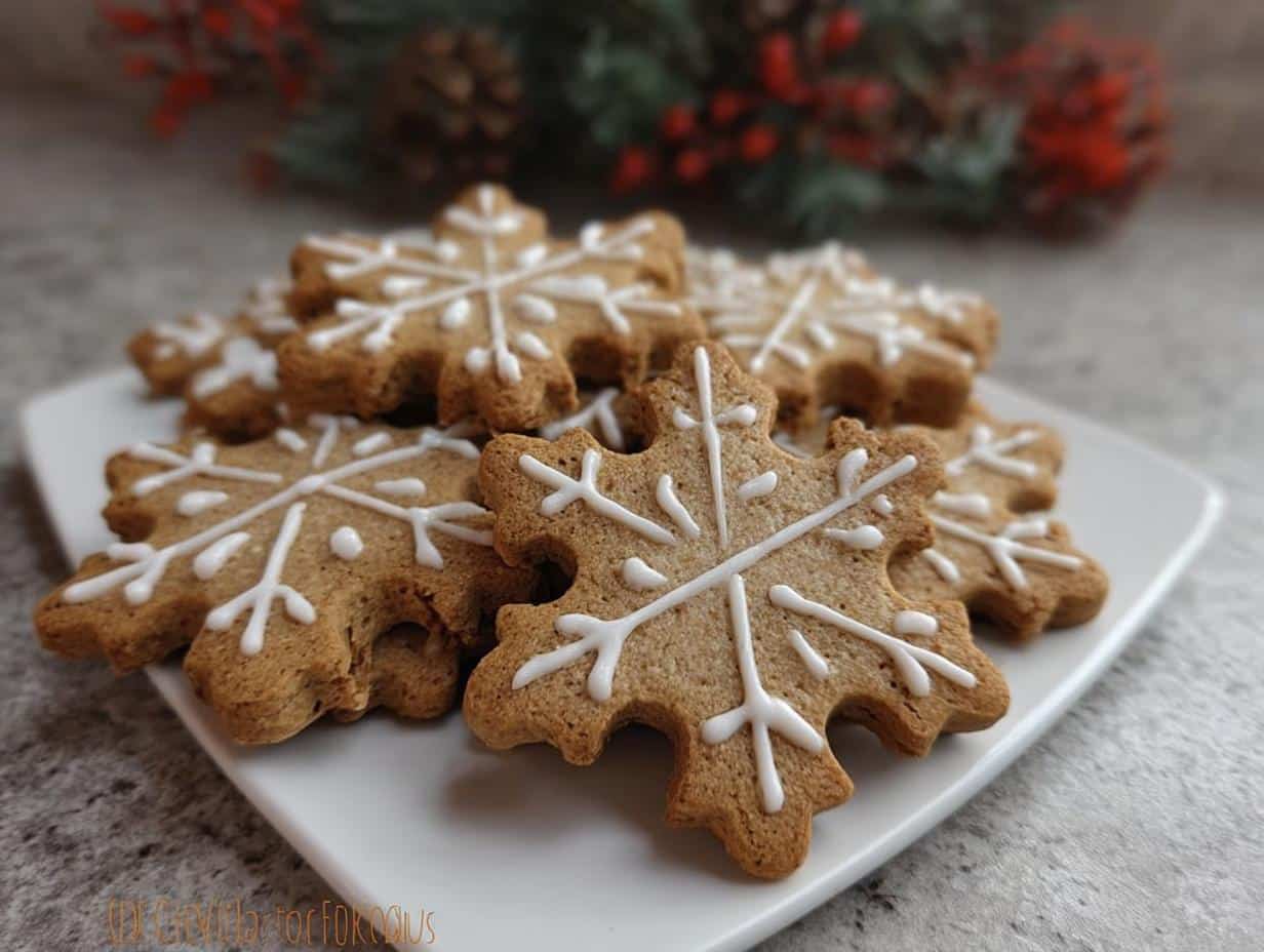A pile of Peanut Butter Snowflake Dog Treats decorated with white icing on a white plate, set against a festive background.