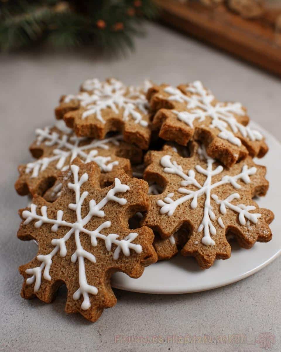 A stack of brown, snowflake-shaped Peanut Butter Snowflake Dog Treats decorated with white royal icing.