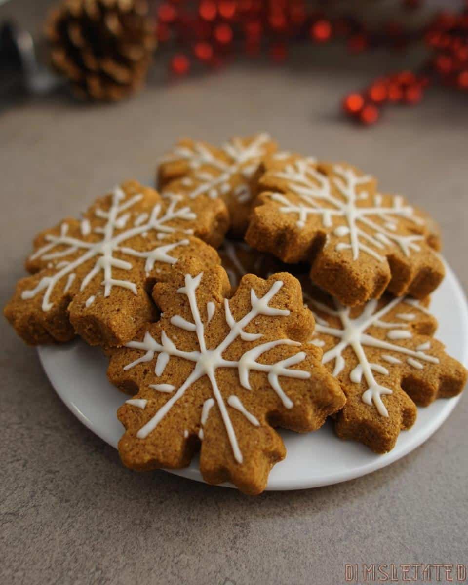 A pile of brown, snowflake-shaped Peanut Butter Snowflake Dog Treats decorated with white icing on a white plate.