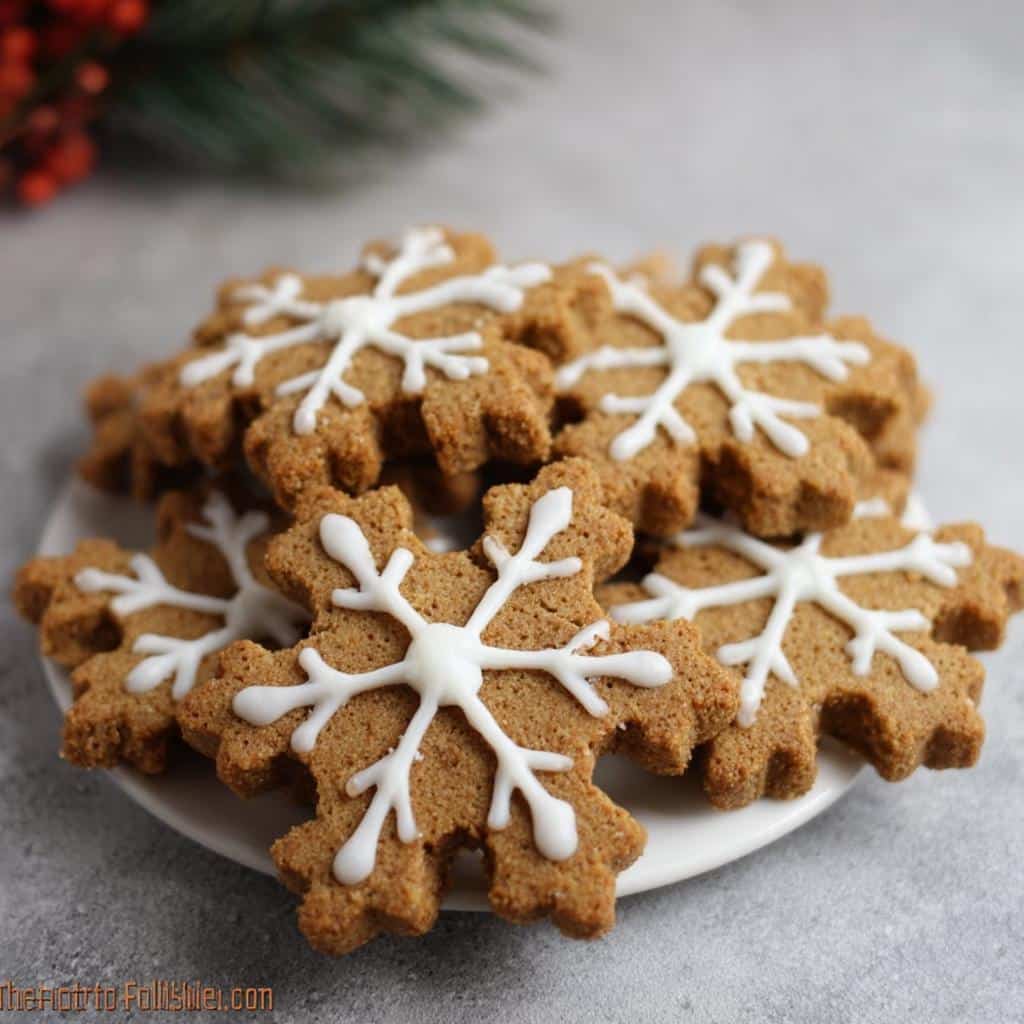 A stack of homemade Peanut Butter Snowflake Dog Treats decorated with white icing on a white plate.