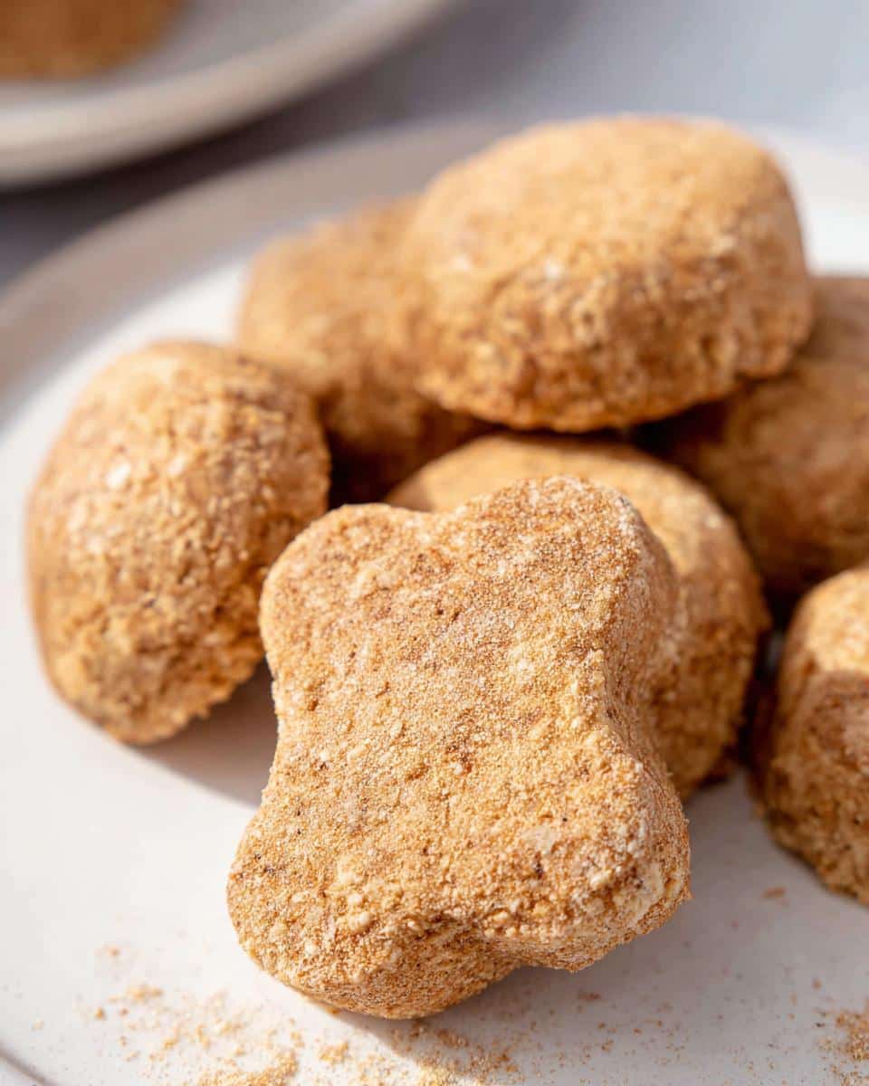 A close-up of several homemade Pear Crunch Gift Dog Cookies, one shaped like a bone, dusted with coating.
