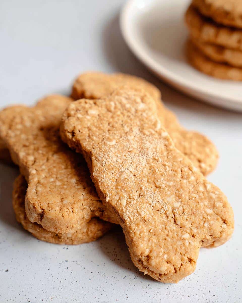 Close-up of several bone-shaped Pear Crunch Gift Dog Cookies stacked on a light surface.