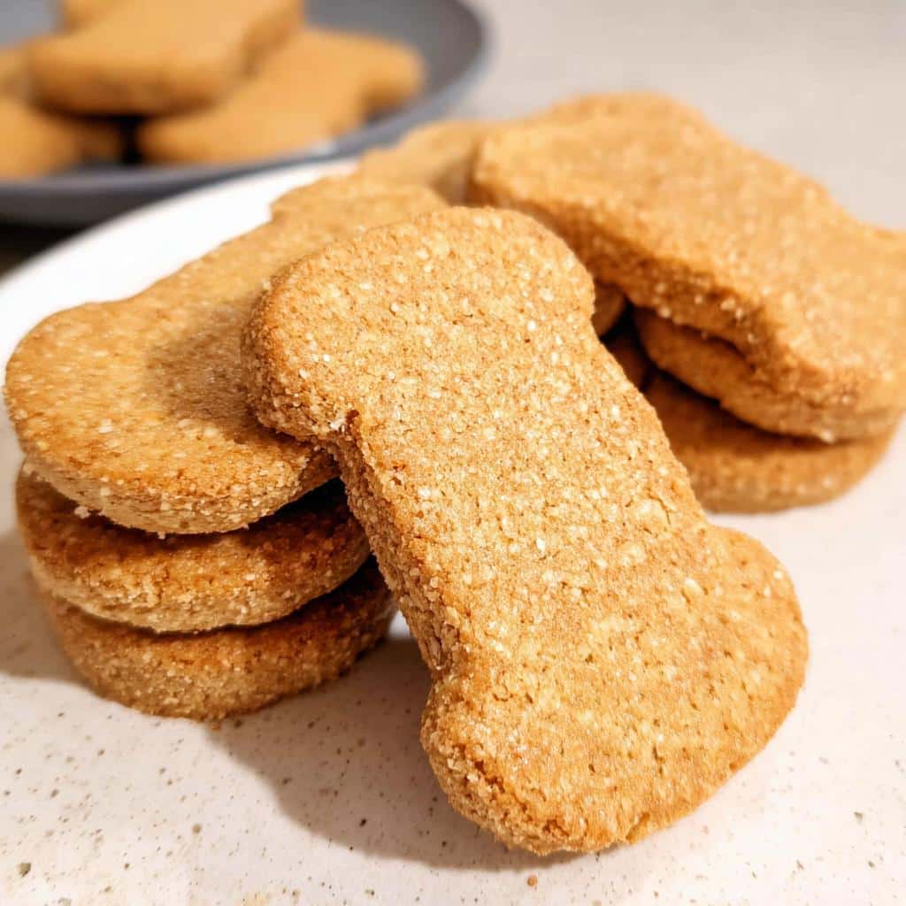 Close-up of freshly baked, bone-shaped Pear Crunch Gift Dog Cookies stacked on a white surface.
